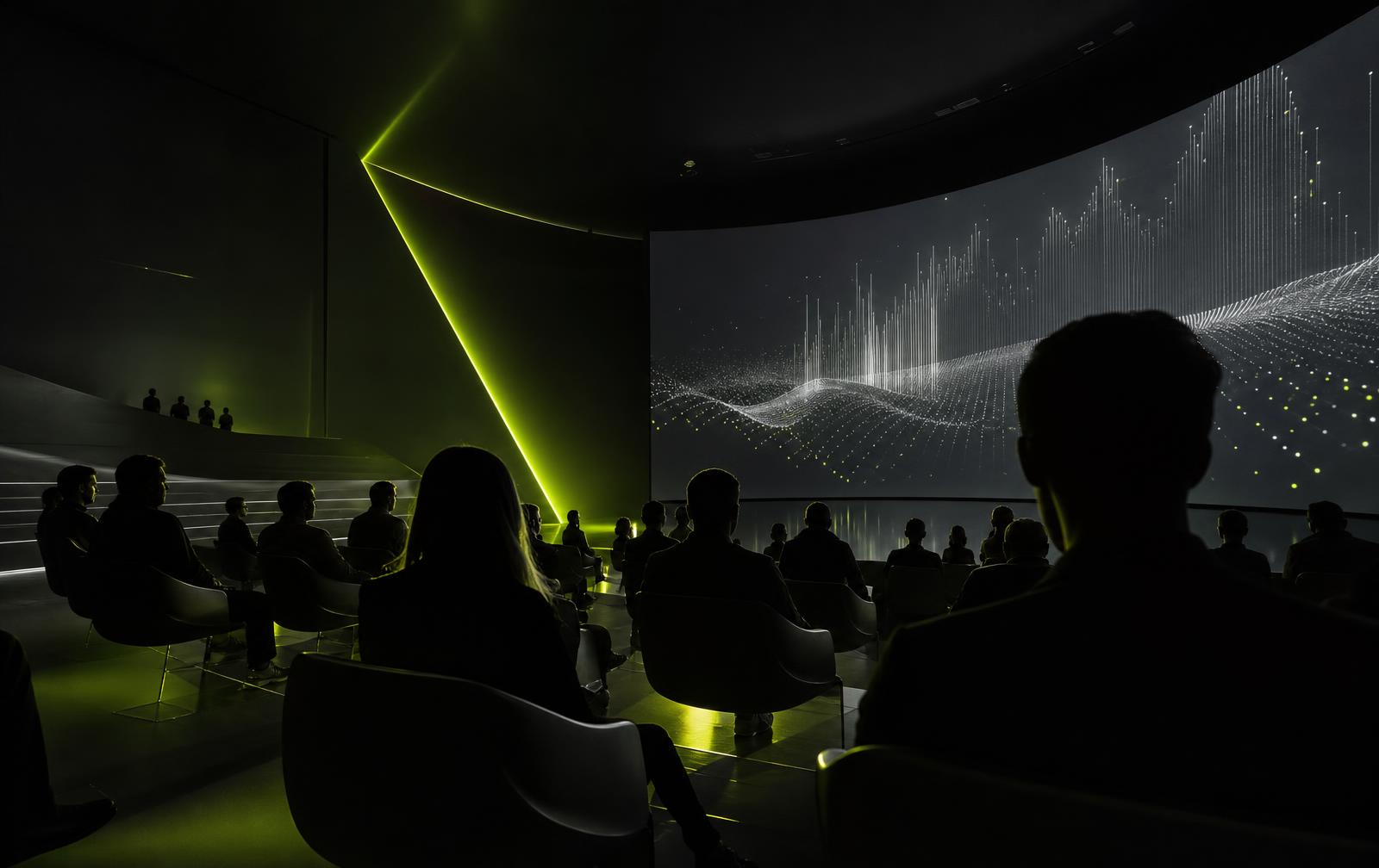 Auditorium virtuel sombre avec un faisceau vert néon et un écran de données
