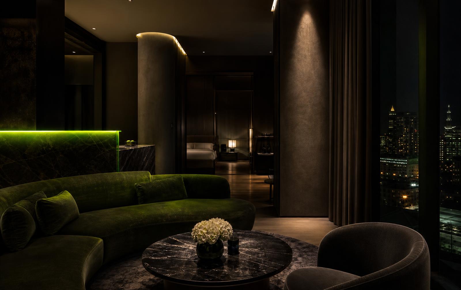Intérieur hôtelier luxueux la nuit avec un accent vert néon discret