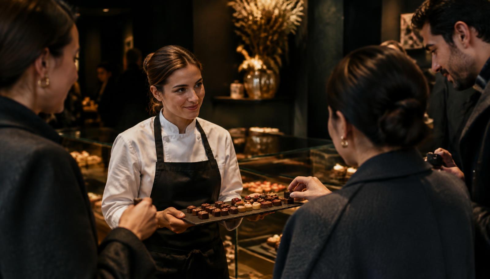 Une pâtissière fait déguster ses chocolats à des clients en boutique